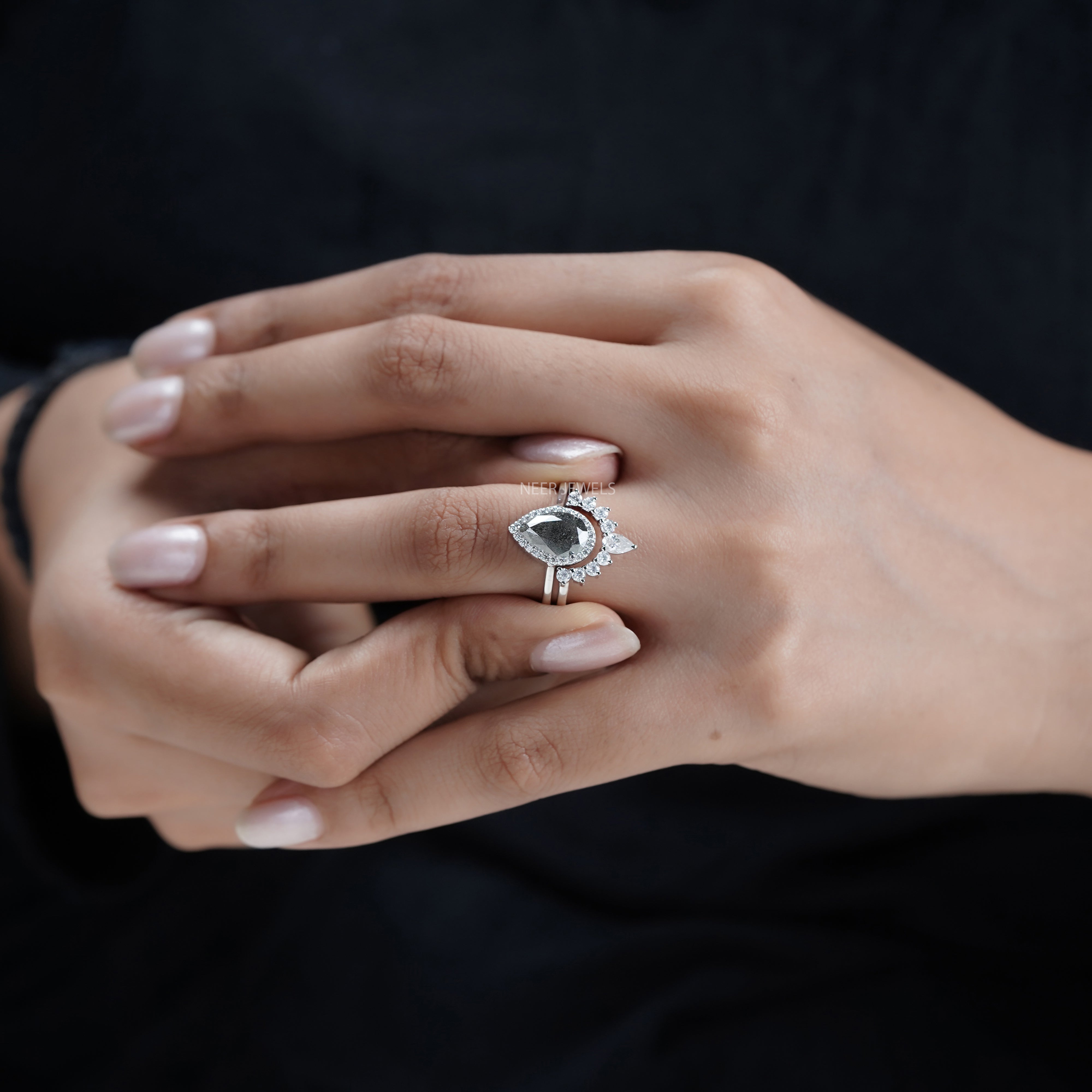 Salt and Pepper Pear Shape Moissanite Engagement Ring Set