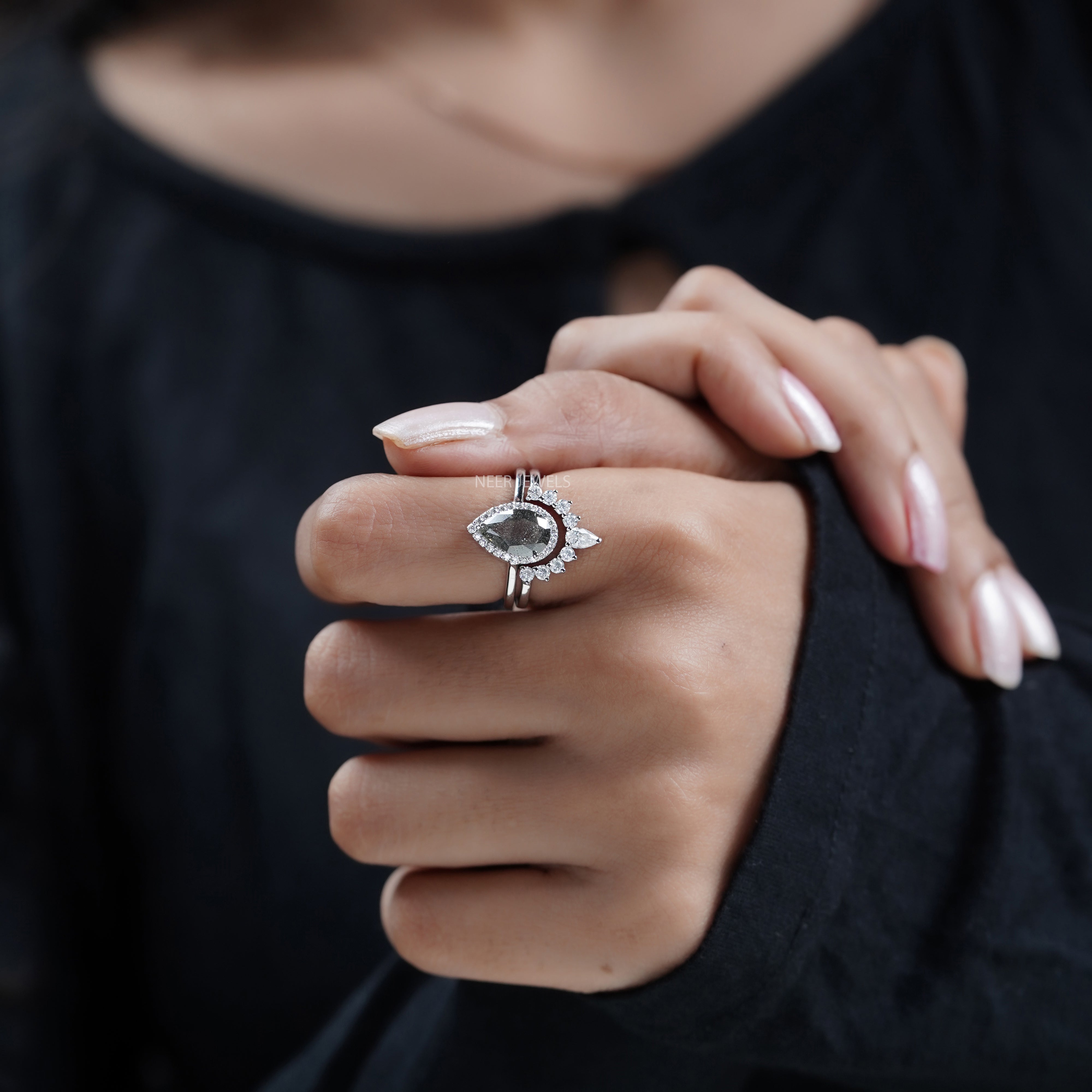 Salt and Pepper Pear Shape Moissanite Engagement Ring Set