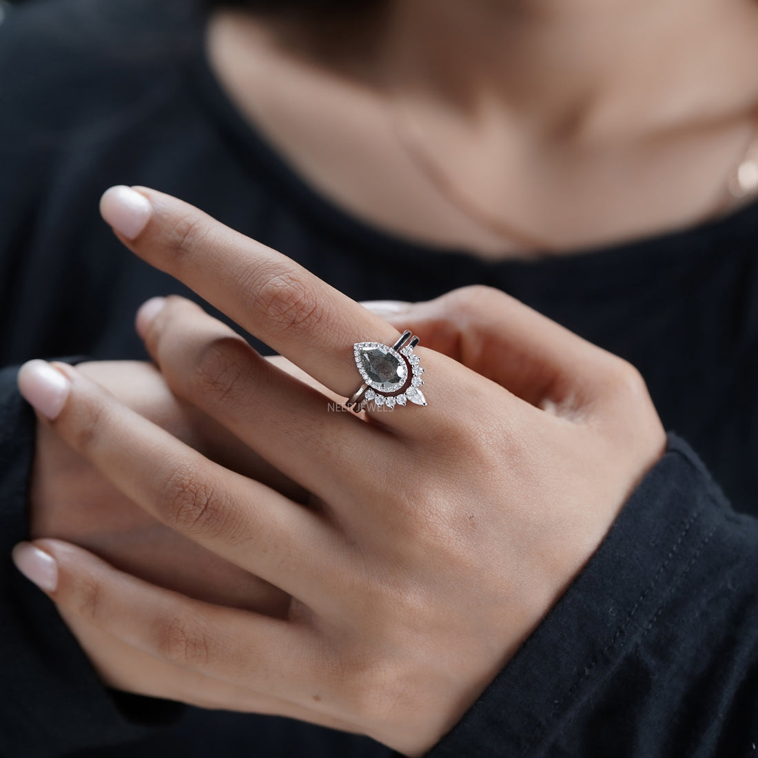 Salt and Pepper Pear Shape Moissanite Engagement Ring Set