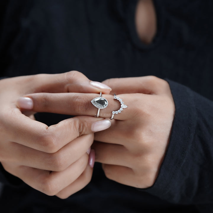 Salt and Pepper Pear Shape Moissanite Engagement Ring Set