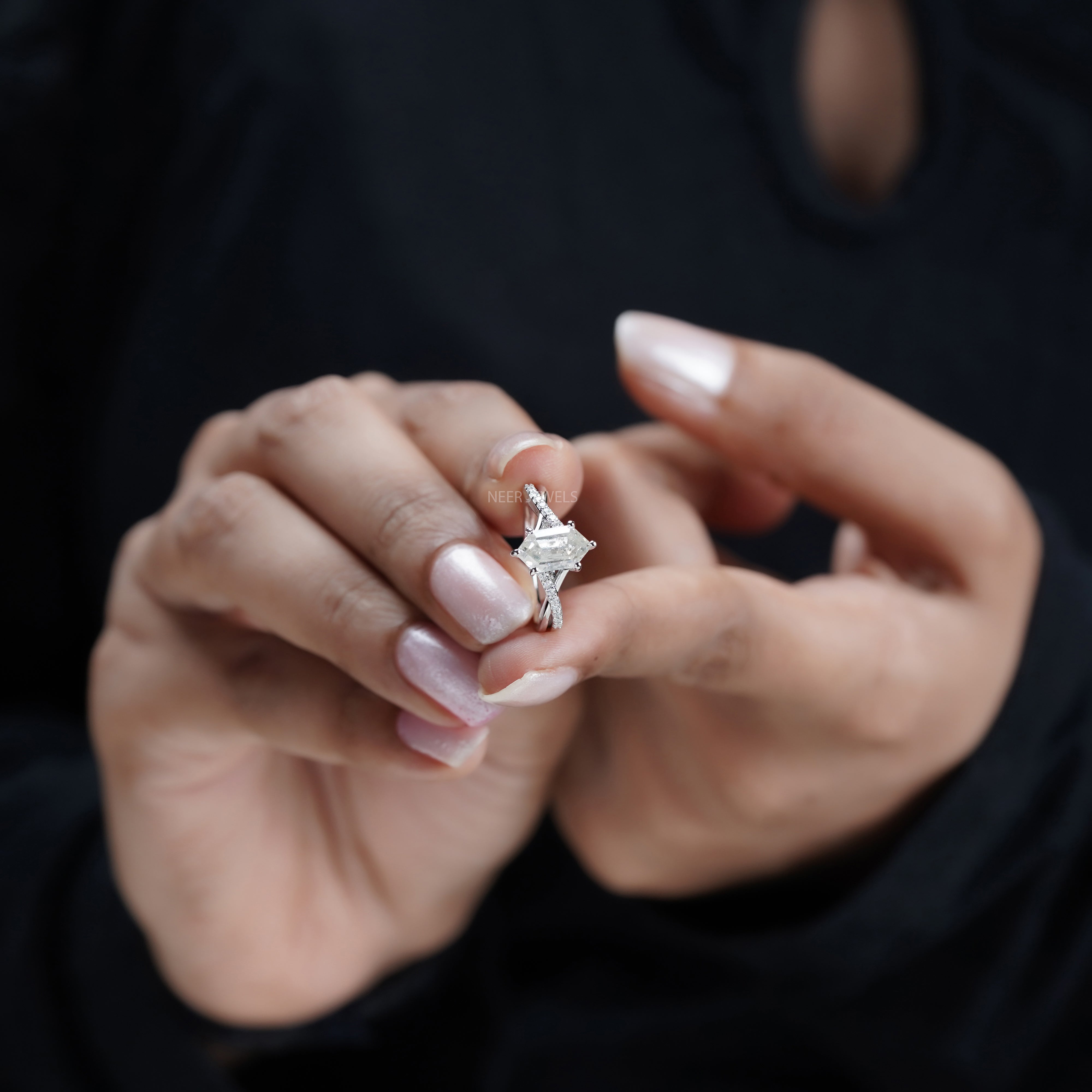 Salt and Pepper Hexagon Shape Engagement Ring