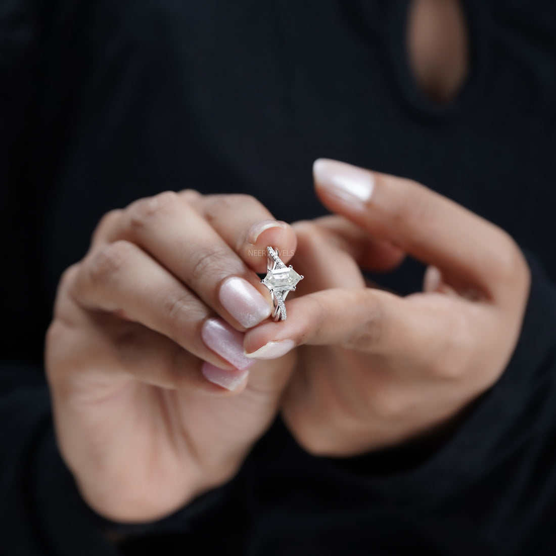 Salt and Pepper Hexagon Shape Engagement Ring