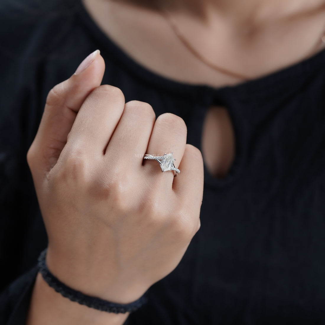 Salt and Pepper Hexagon Shape Engagement Ring