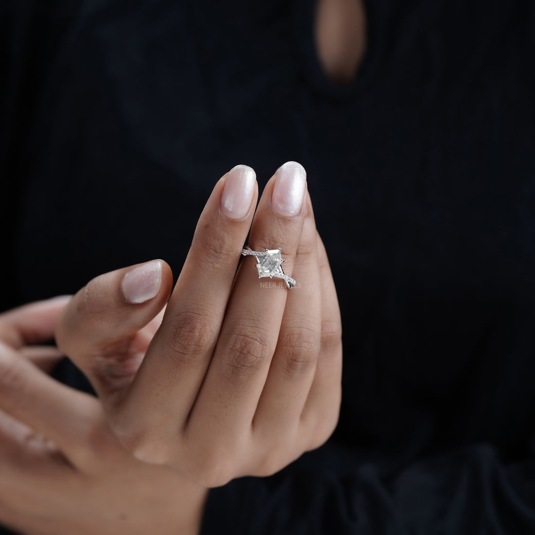 Salt and Pepper Hexagon Shape Engagement Ring