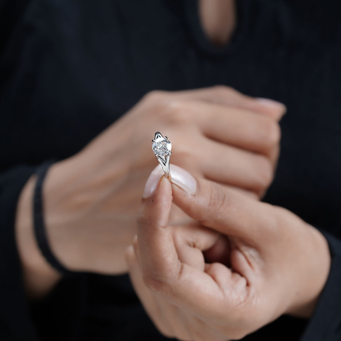 Round Old European Cut Solitaire Moissanite Engagement Ring, Anniversary Ring