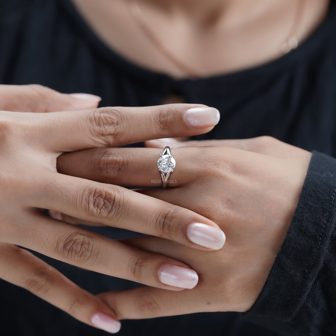 Round Old European Cut Solitaire Moissanite Engagement Ring, Anniversary Ring