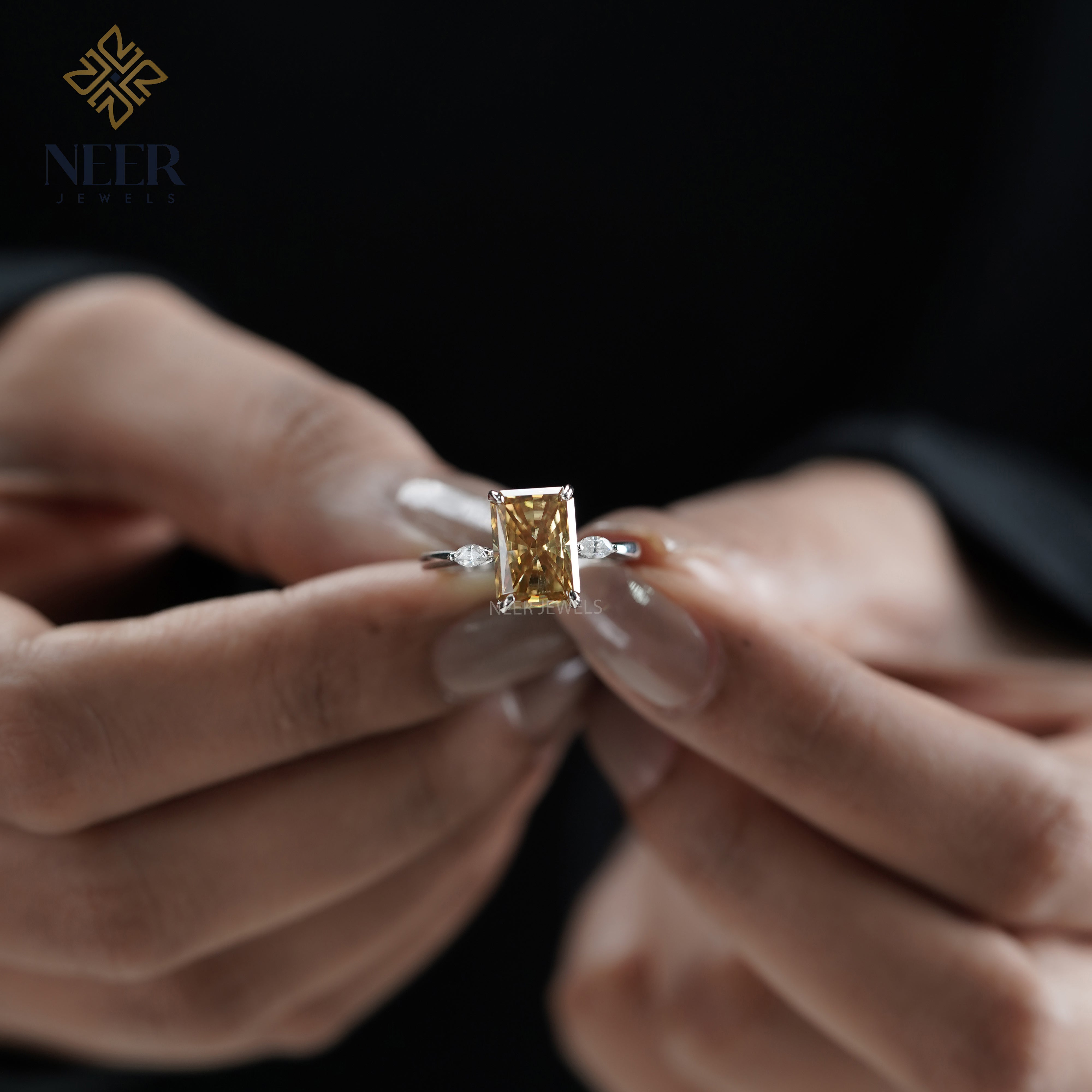 Canary Yellow Radiant Cut Moissanite Engagement Ring,Anniversary Gift Ring for her