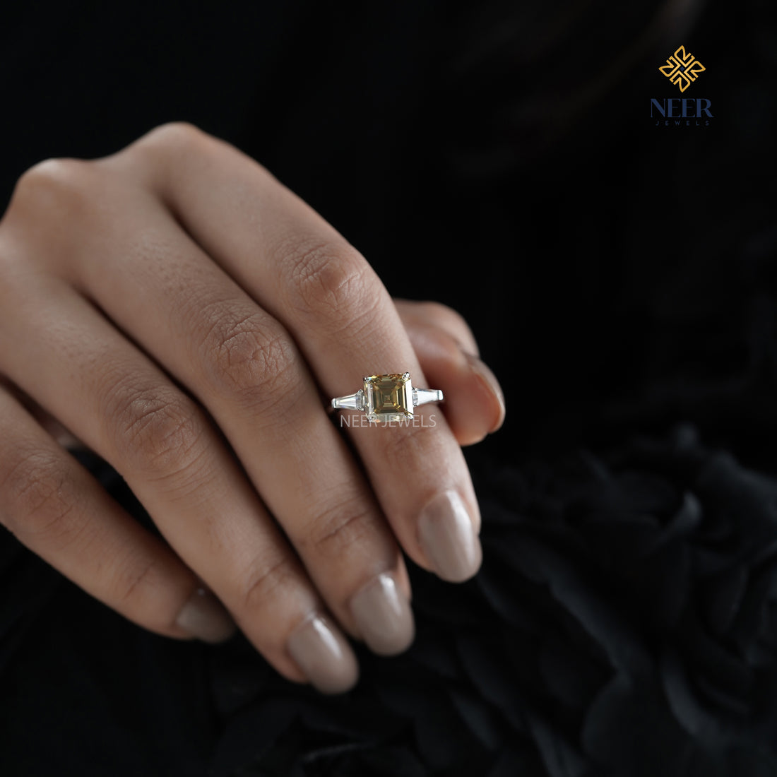 Canary Yellow Step cut Asscher cut Moissanite Engagement Ring for her,Unique Proposal Ring