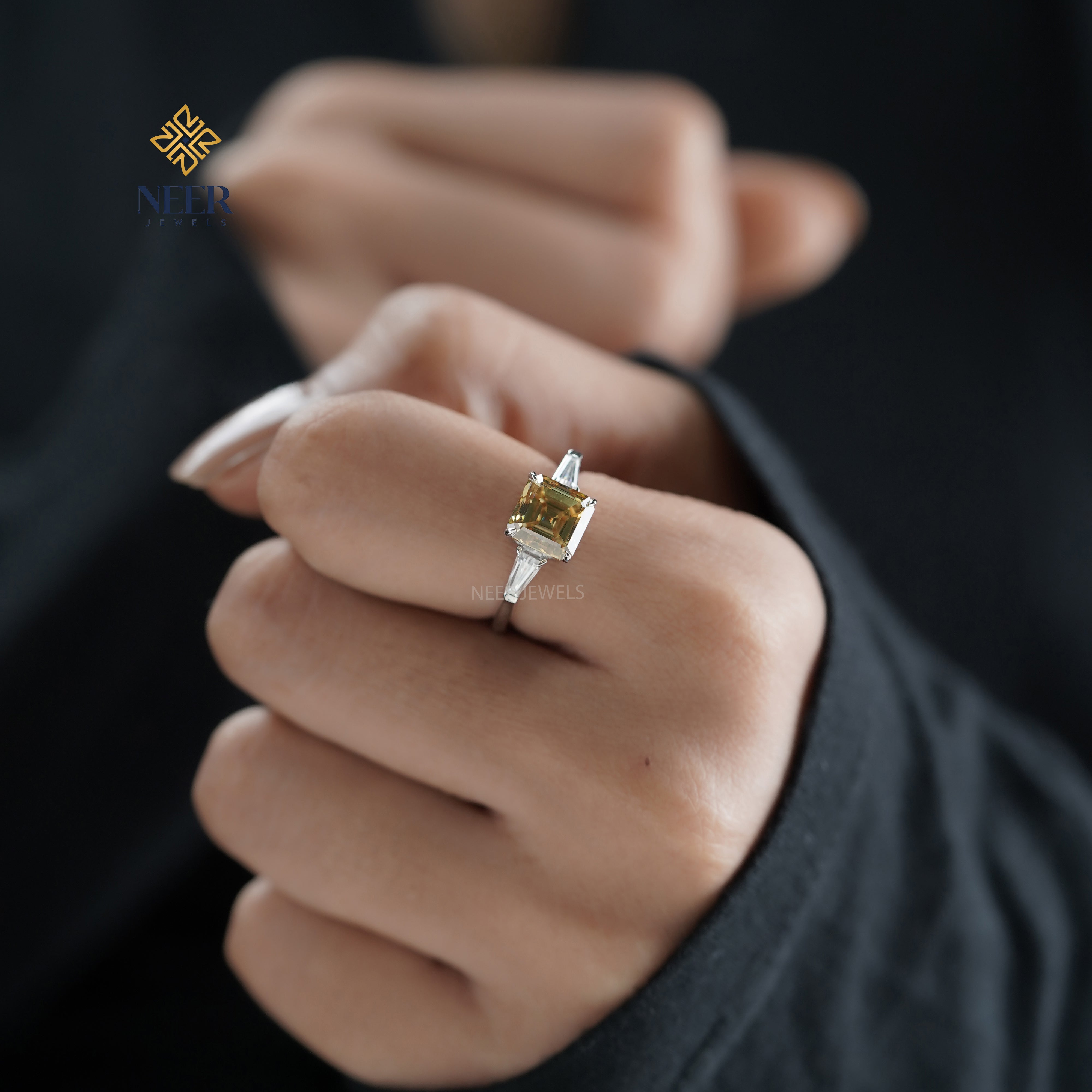 Canary Yellow Step cut Asscher cut Moissanite Engagement Ring for her,Unique Proposal Ring