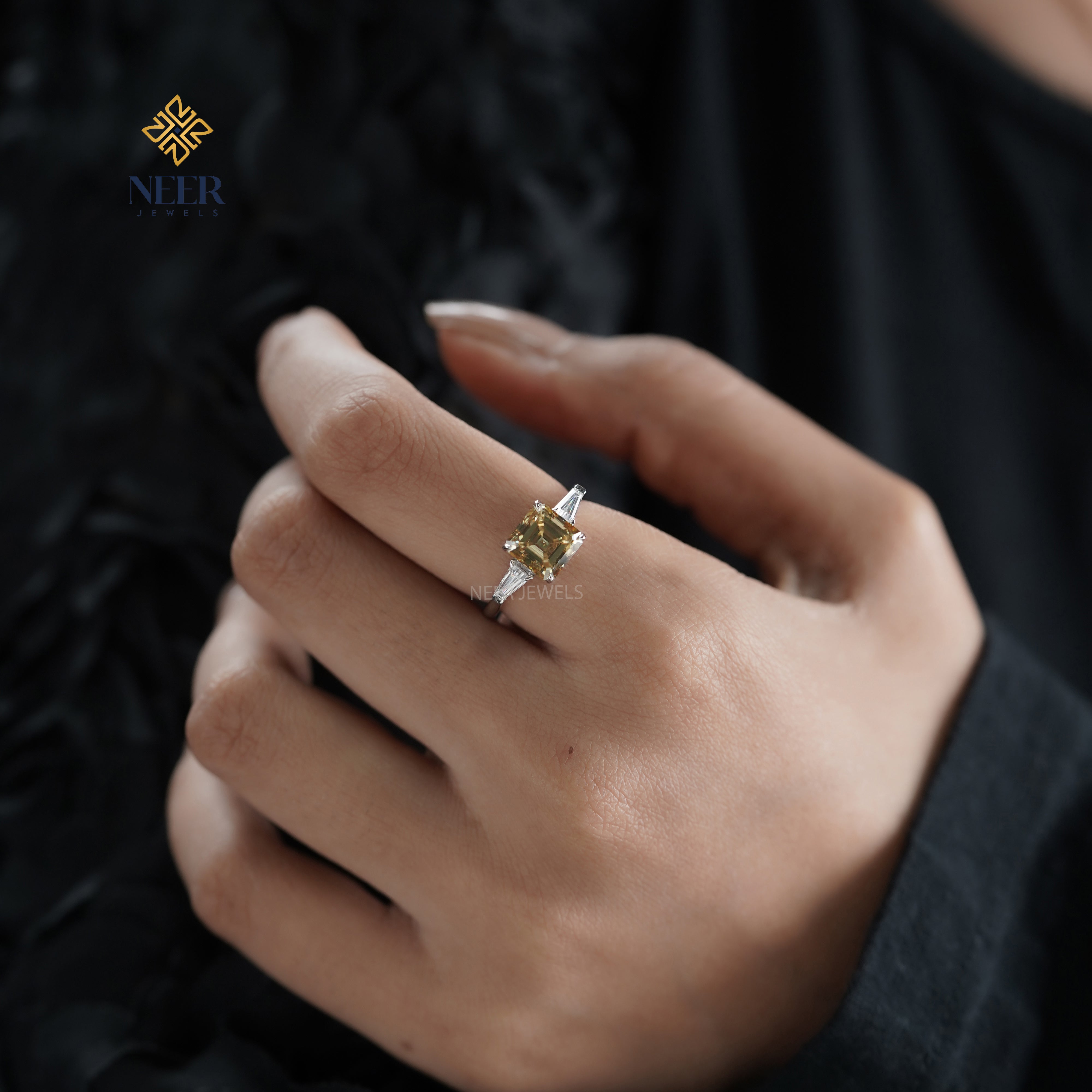 Canary Yellow Step cut Asscher cut Moissanite Engagement Ring for her,Unique Proposal Ring