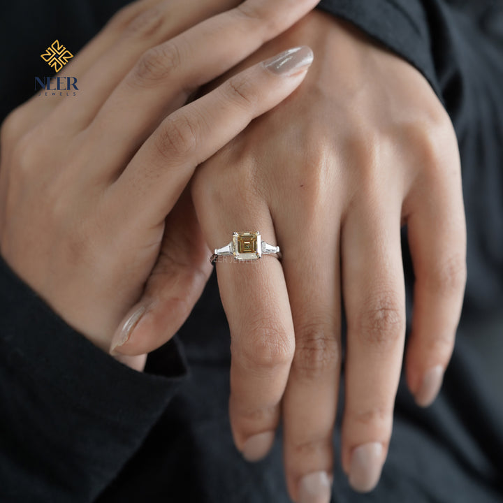 Canary Yellow Step cut Asscher cut Moissanite Engagement Ring for her,Unique Proposal Ring