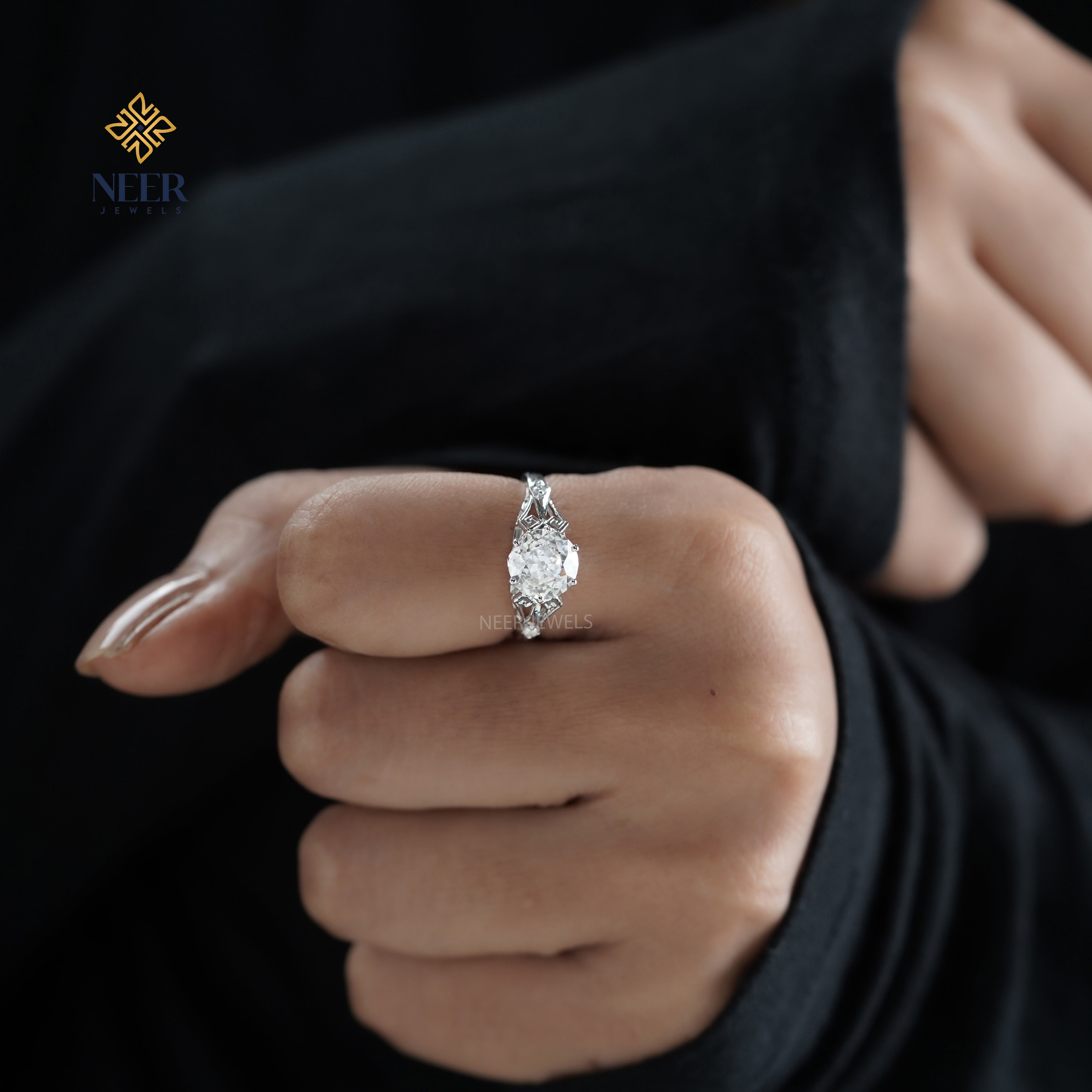 Old European Round cut unique wedding ring,Engagement Ring for her,Anniversary Gift Ring