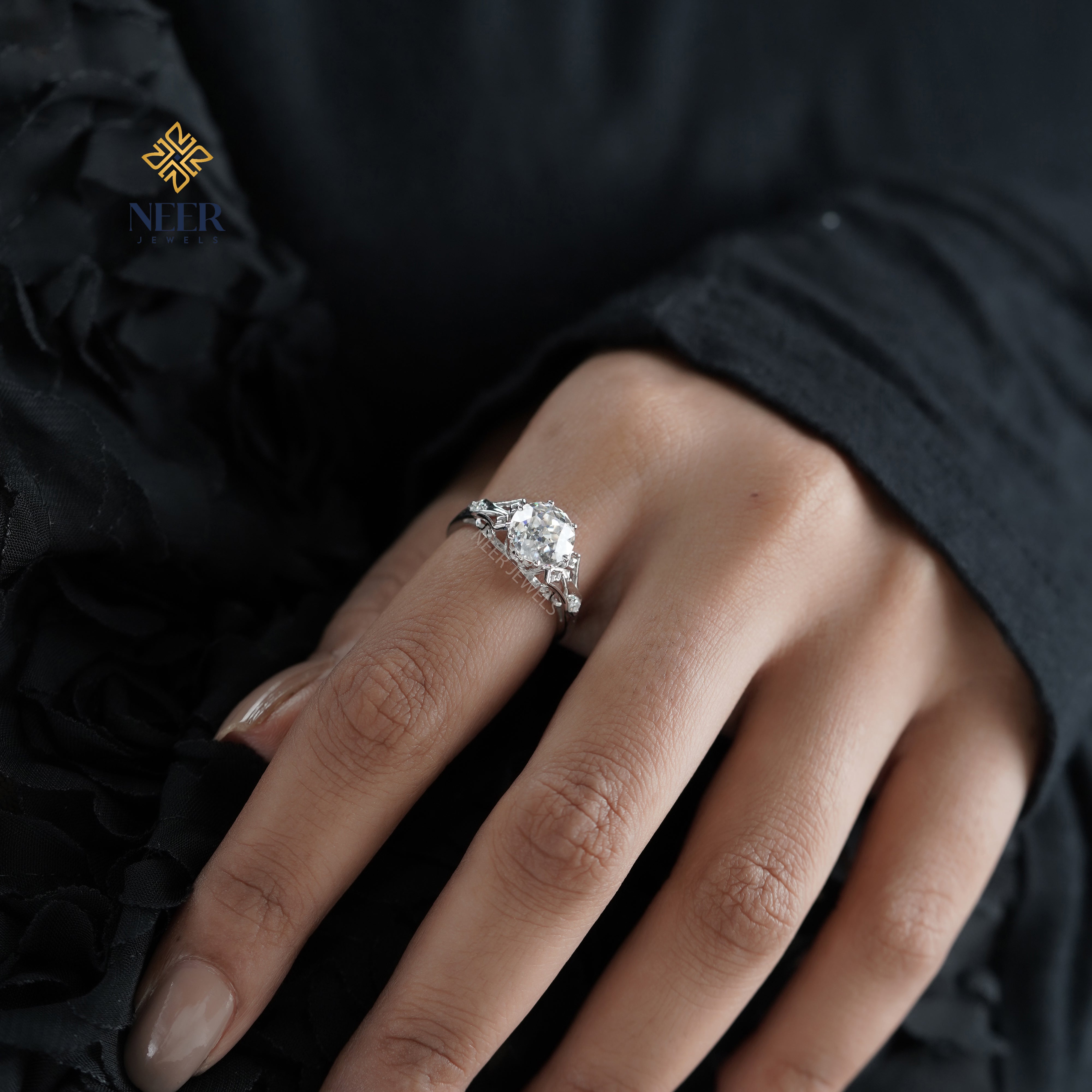 Old European Round cut unique wedding ring,Engagement Ring for her,Anniversary Gift Ring