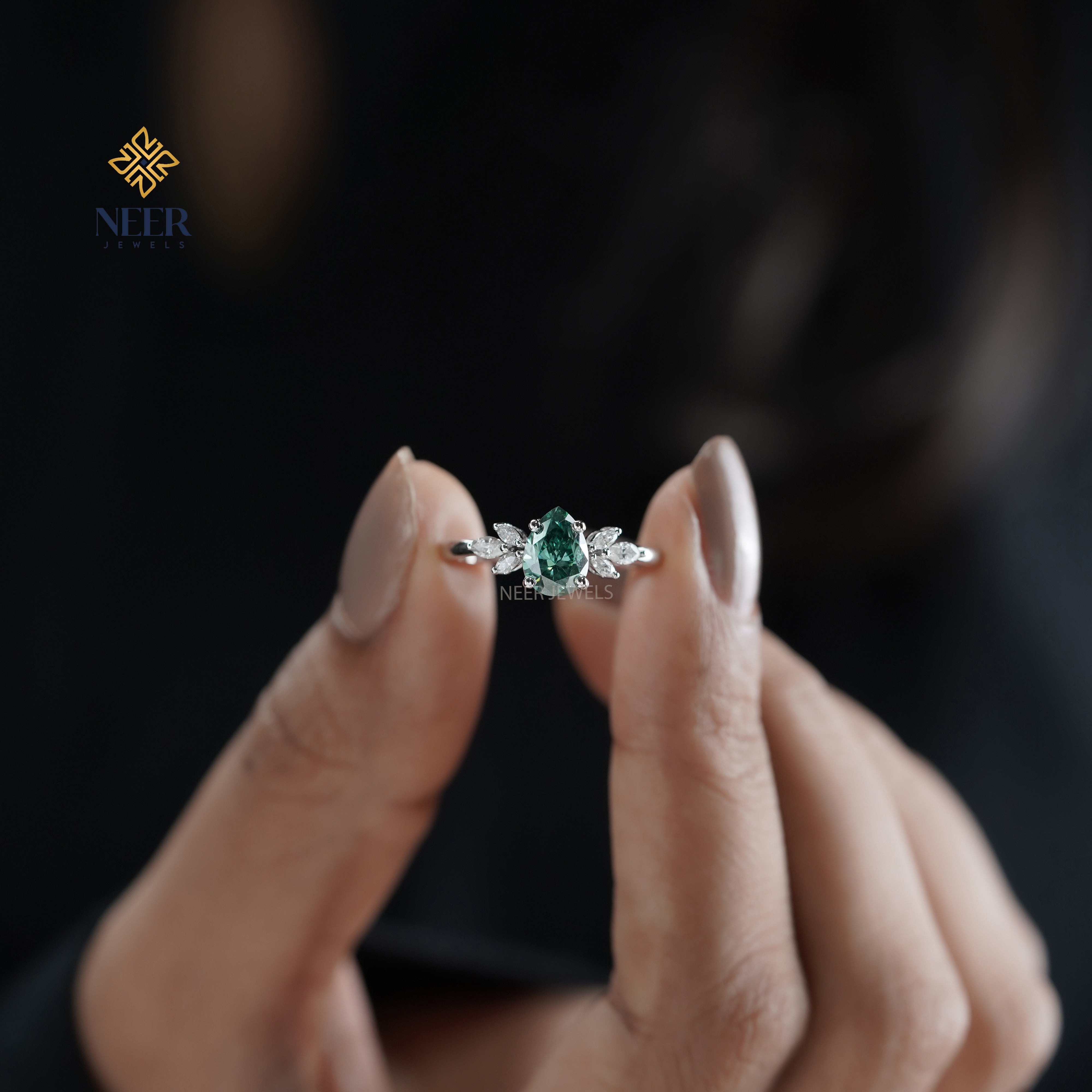 Cyan Blue Pear Moissanite Engagement Ring,Anniversary Gift Ring