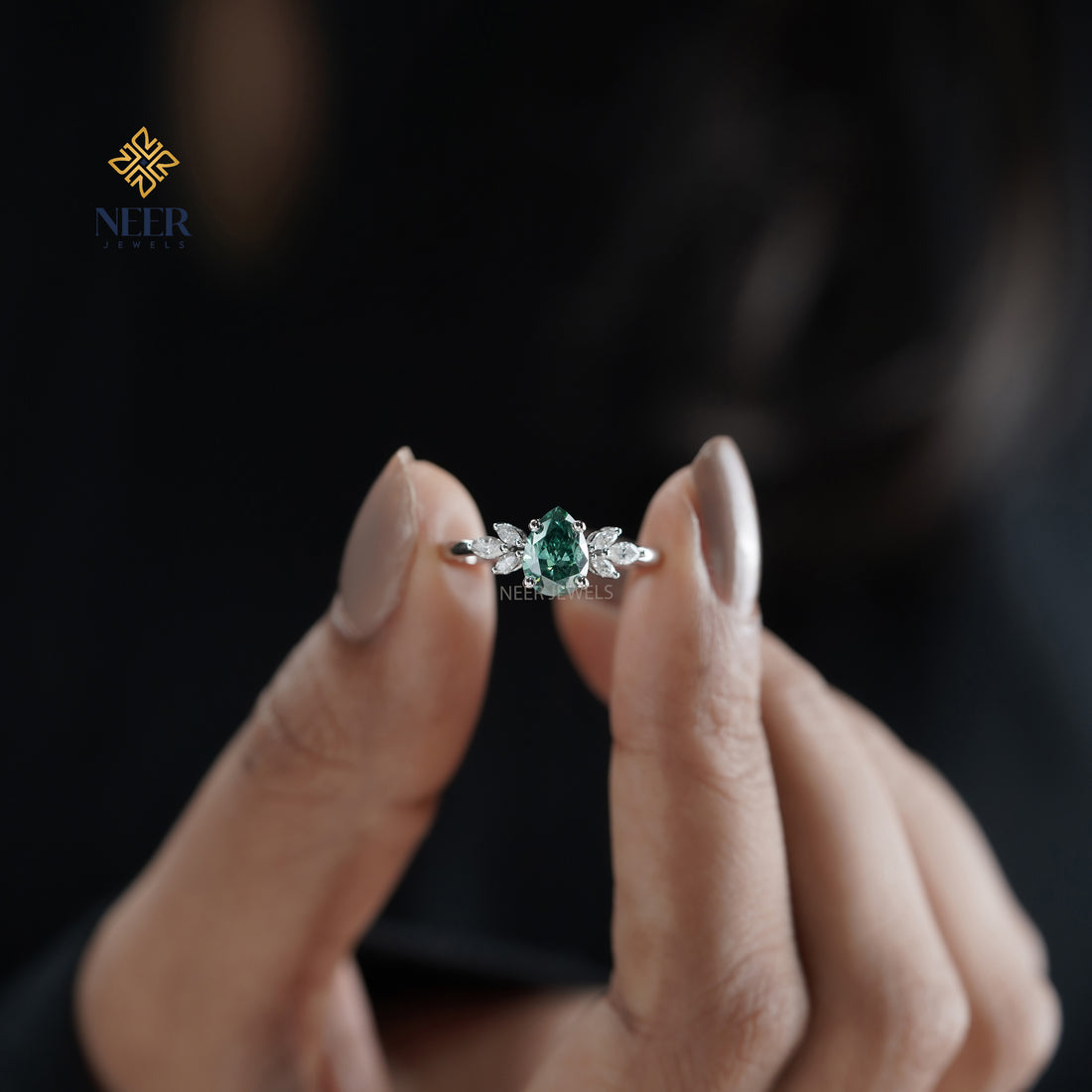 Cyan Blue Pear Moissanite Engagement Ring,Anniversary Gift Ring