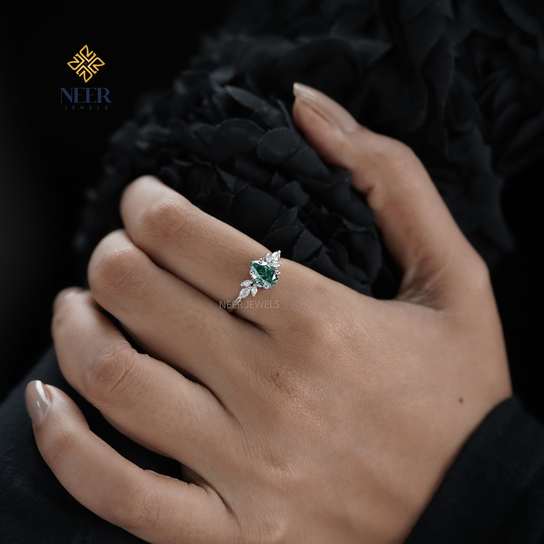 Cyan Blue Pear Moissanite Engagement Ring,Anniversary Gift Ring