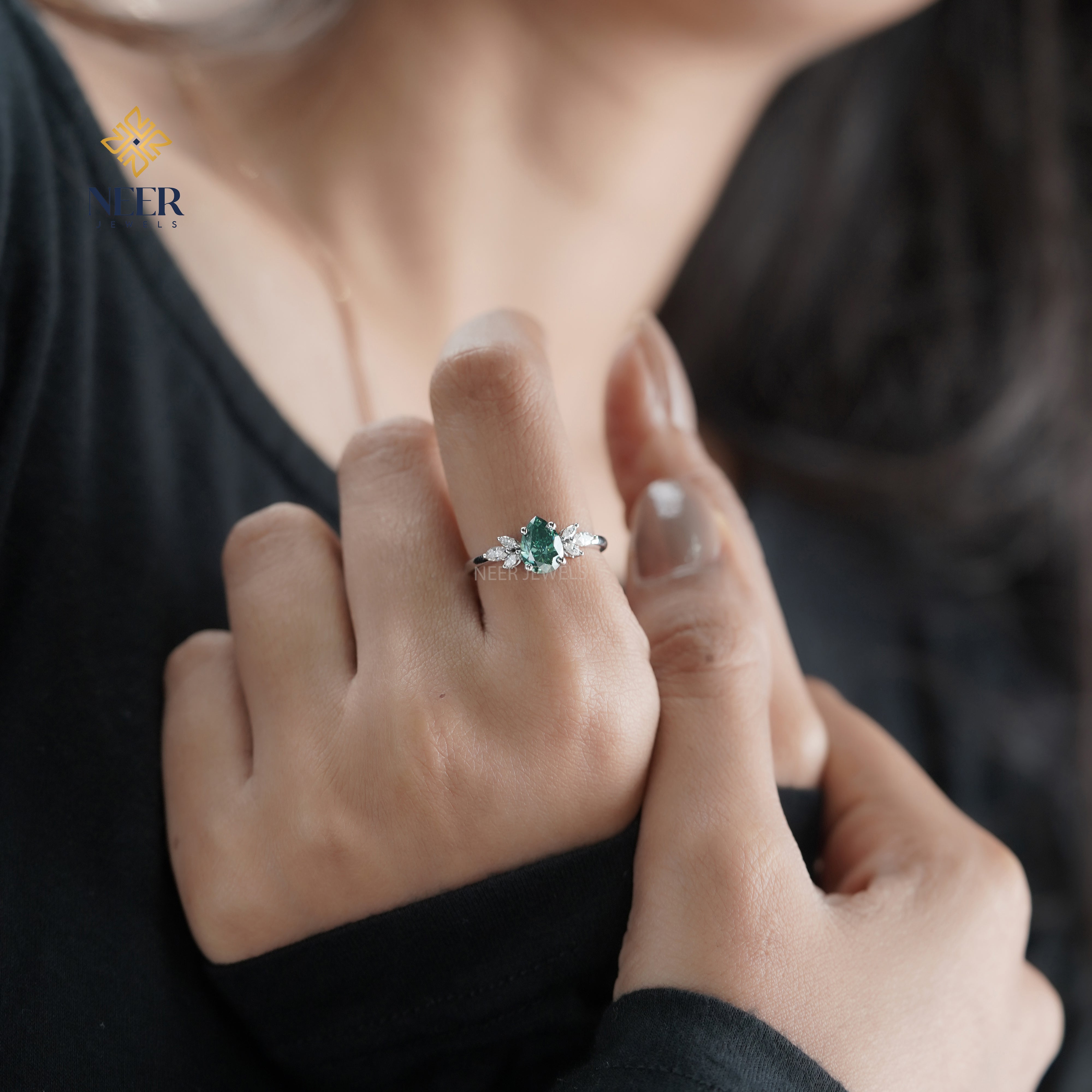 Cyan Blue Pear Moissanite Engagement Ring,Anniversary Gift Ring