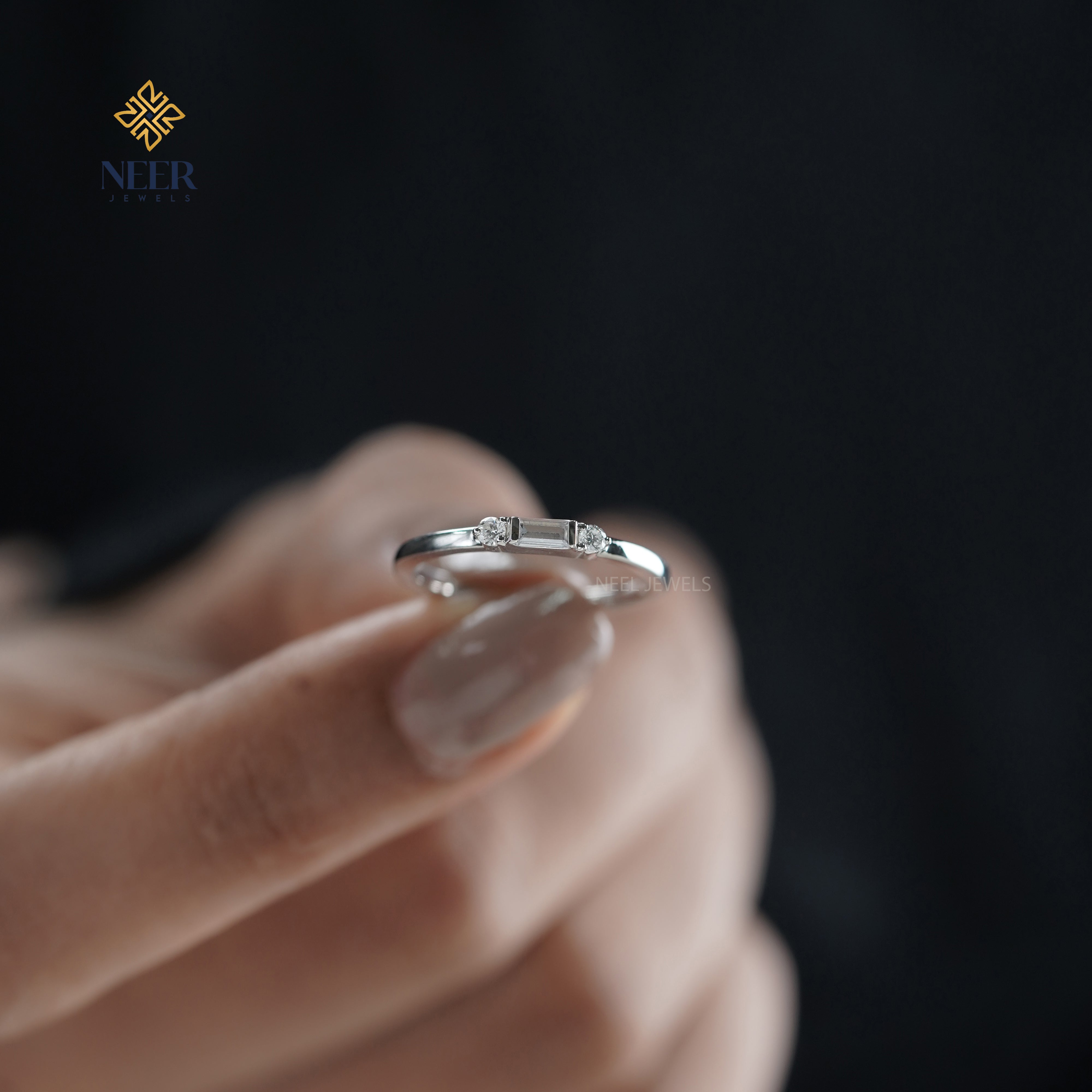 Minimalist baguette cut Wedding band,Gift for her