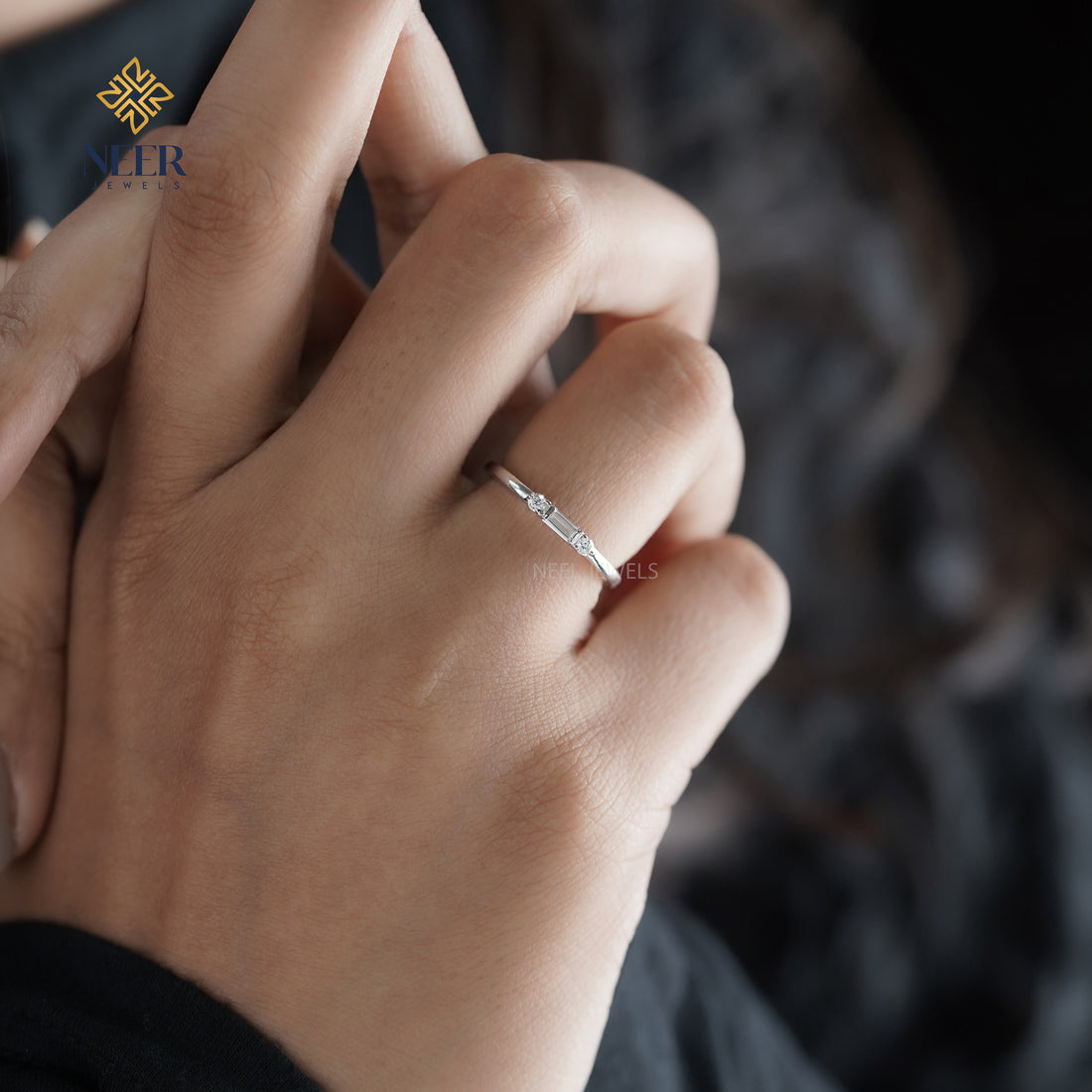 Minimalist baguette cut Wedding band,Gift for her