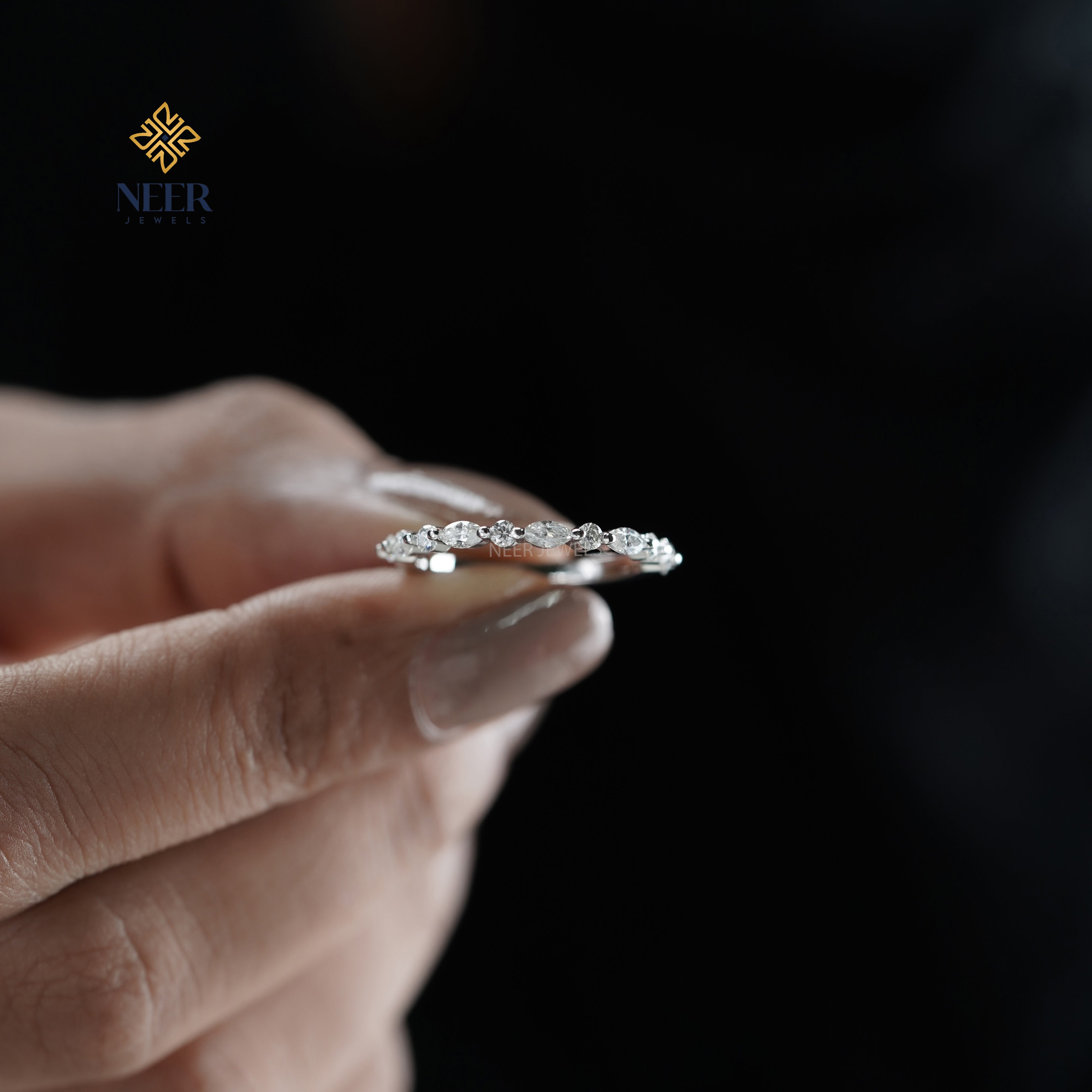 Half Eternity Round and Marquise Wedding Band for her,Anniversary Gift Ring