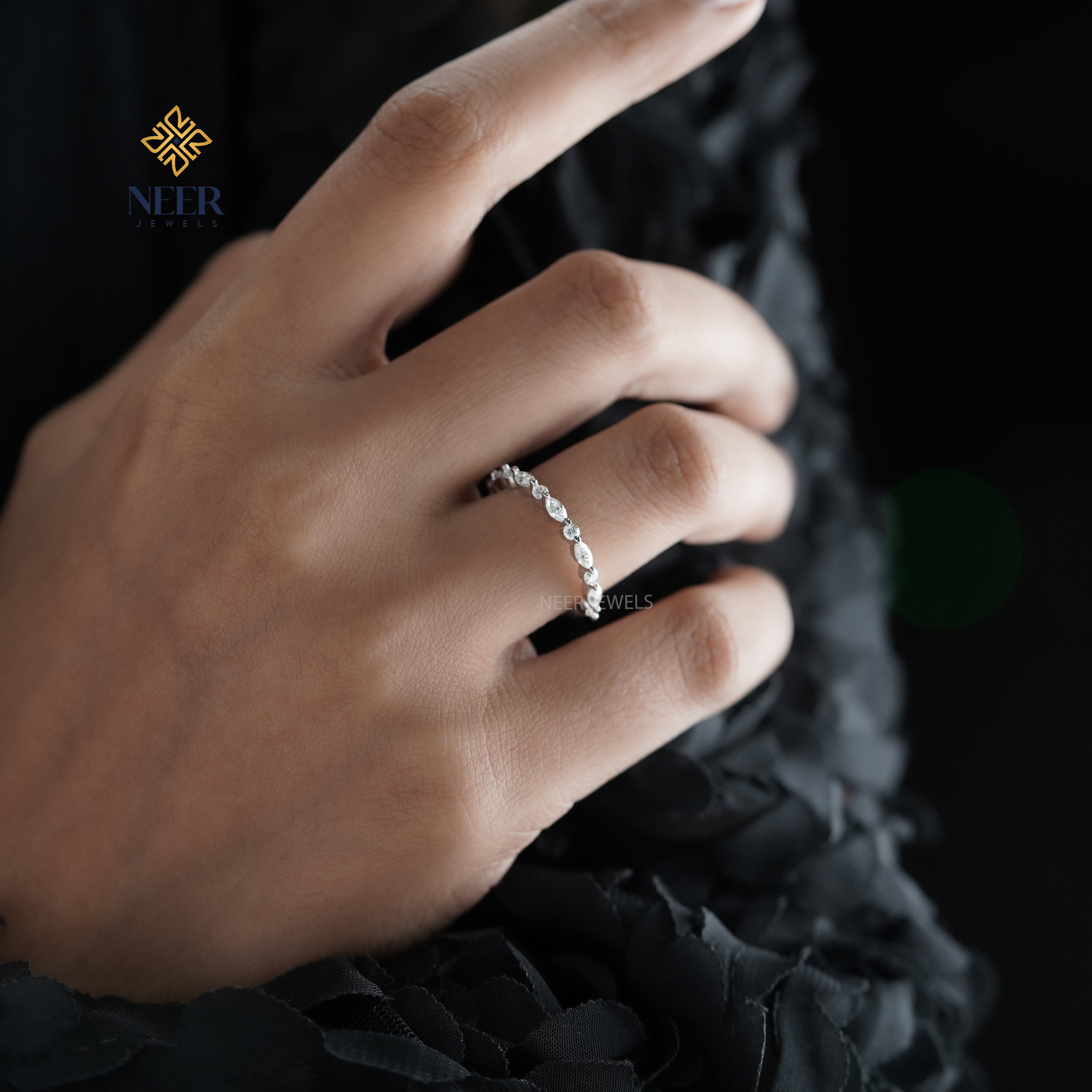 Half Eternity Round and Marquise Wedding Band for her,Anniversary Gift Ring