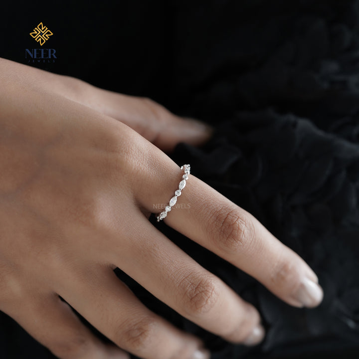 Half Eternity Round and Marquise Wedding Band for her,Anniversary Gift Ring