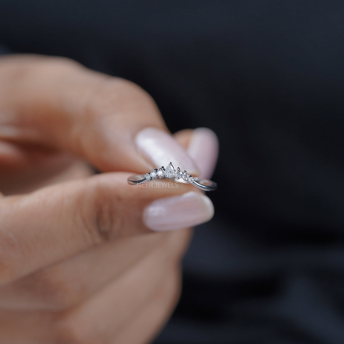 Moissanite Chevron Wedding band,Curved Stacking Wishbone Ring