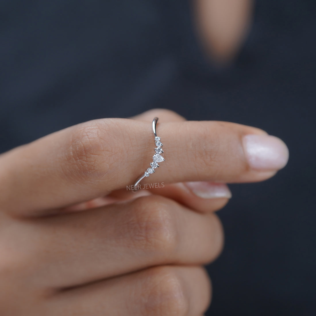 Moissanite Chevron Wedding band,Curved Stacking Wishbone Ring