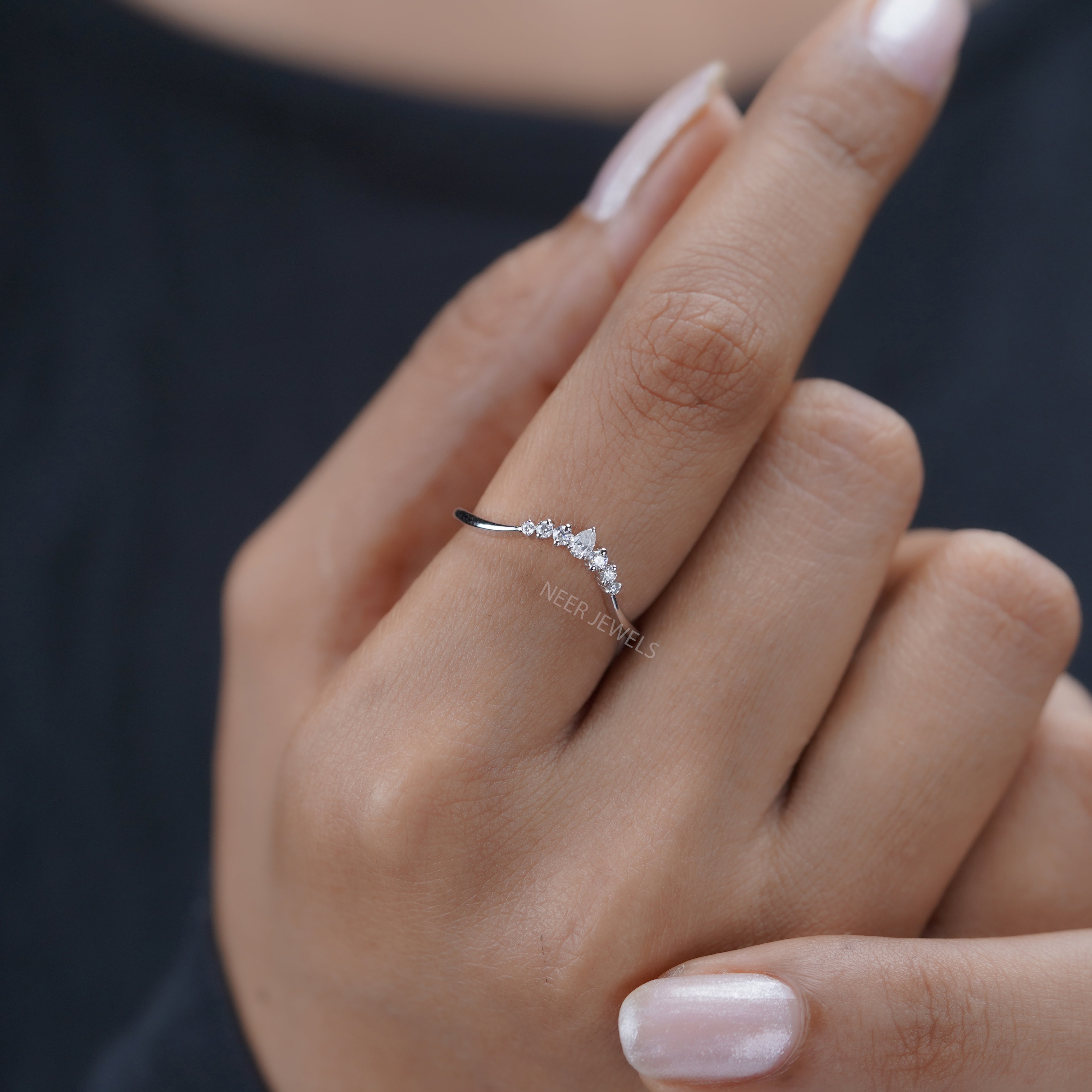 Moissanite Chevron Wedding band,Curved Stacking Wishbone Ring