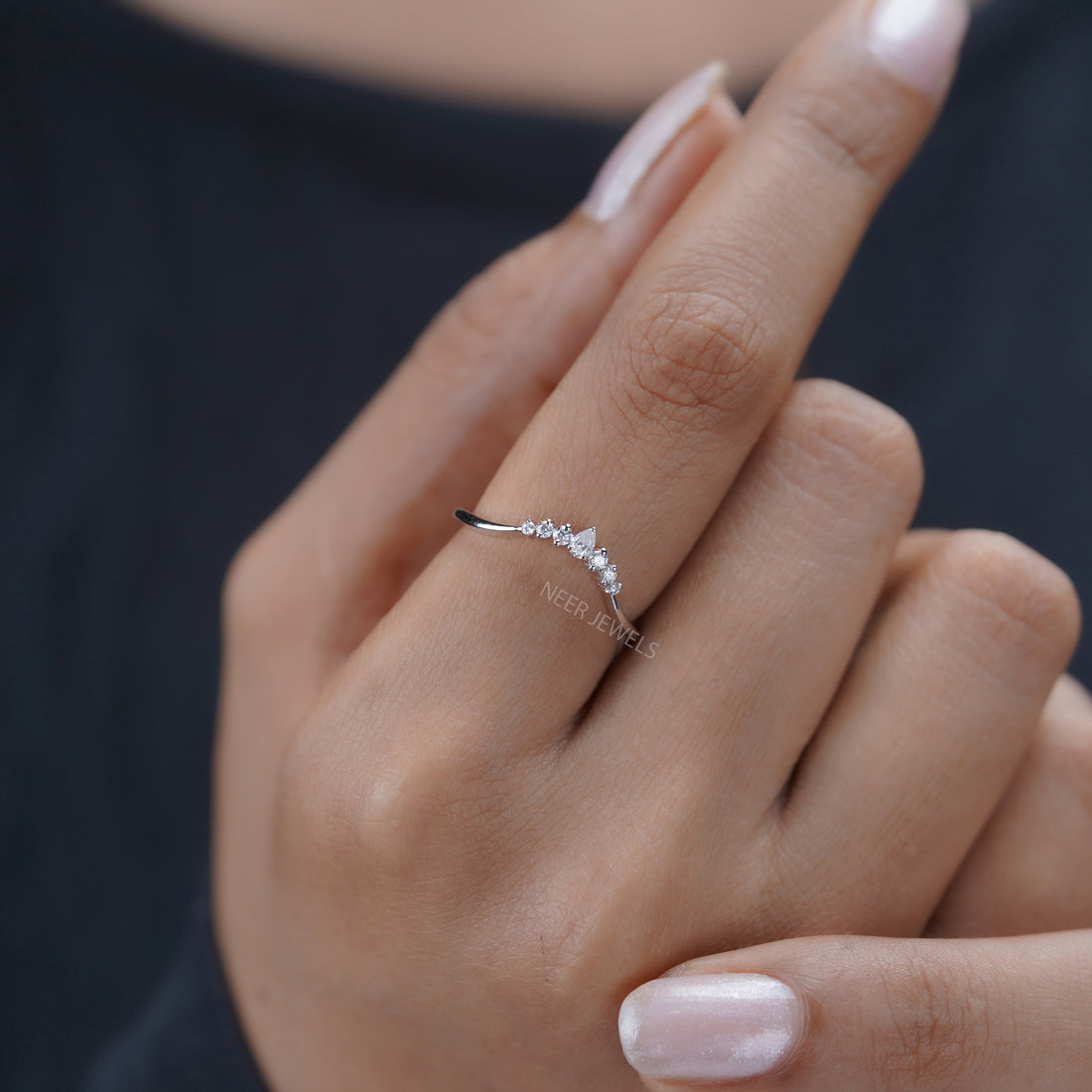 Moissanite Chevron Wedding band,Curved Stacking Wishbone Ring