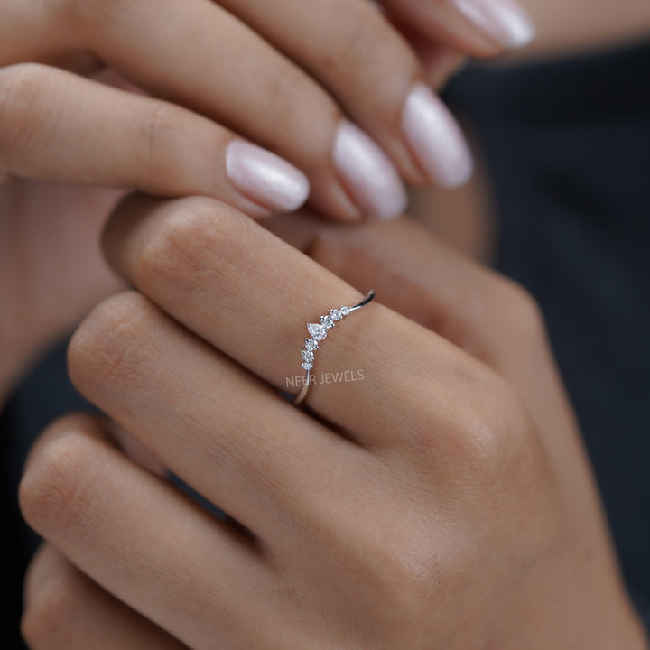 Moissanite Chevron Wedding band,Curved Stacking Wishbone Ring