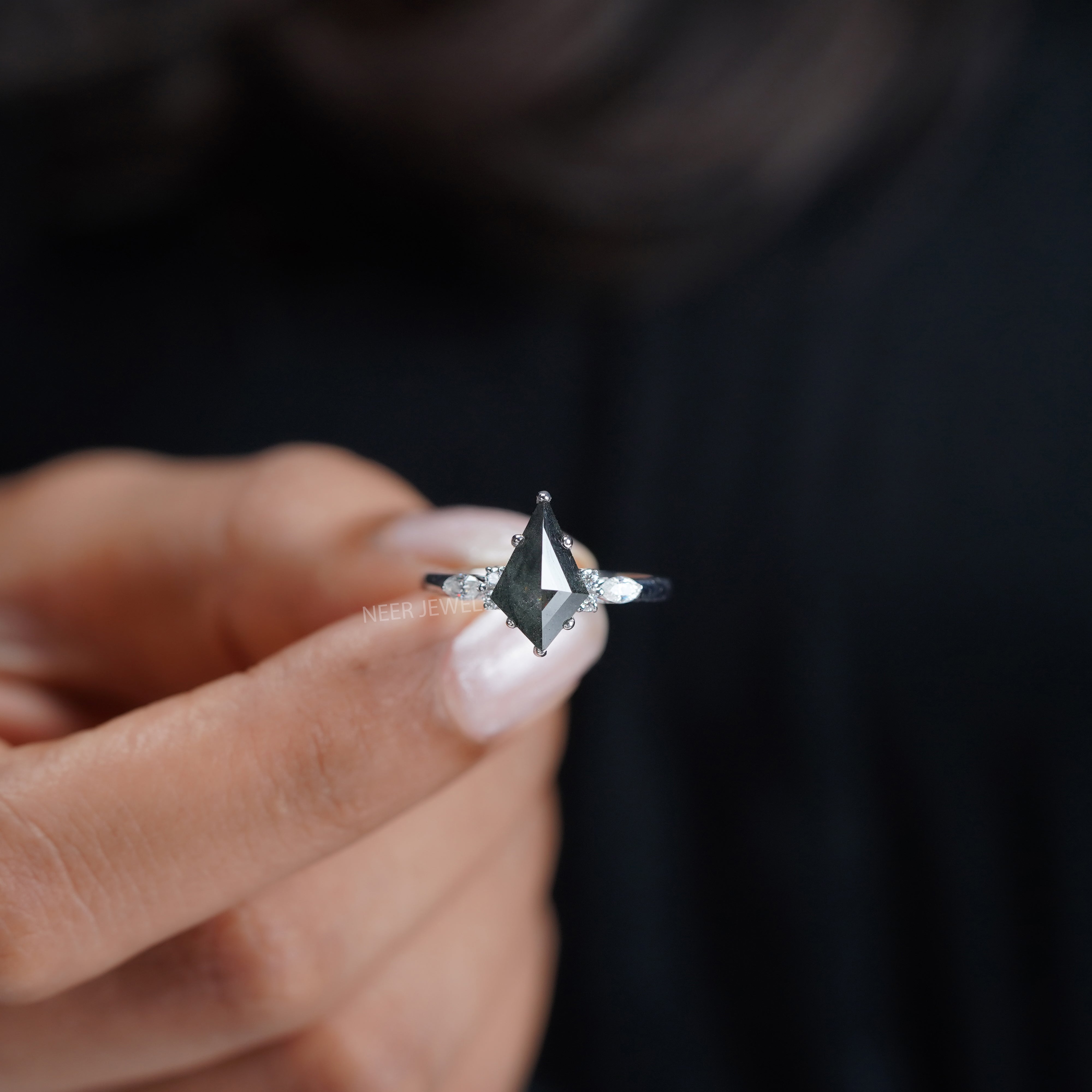 Kite Shape Salt and Pepper Ring Moissanite Engagement Ring