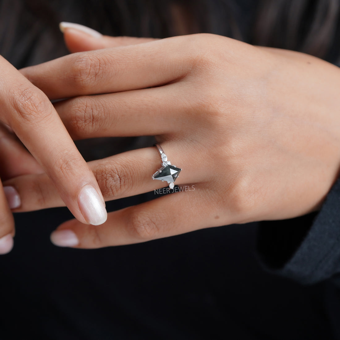 Kite Shape Salt and Pepper Ring Moissanite Engagement Ring