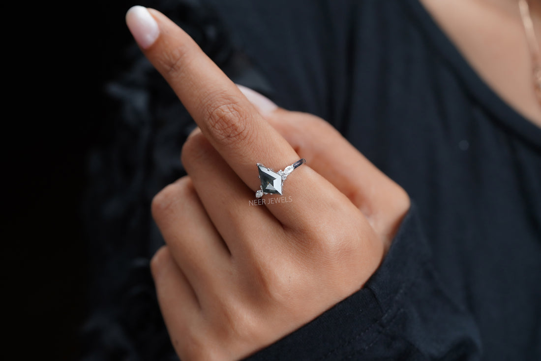 Kite Shape Salt and Pepper Ring Moissanite Engagement Ring